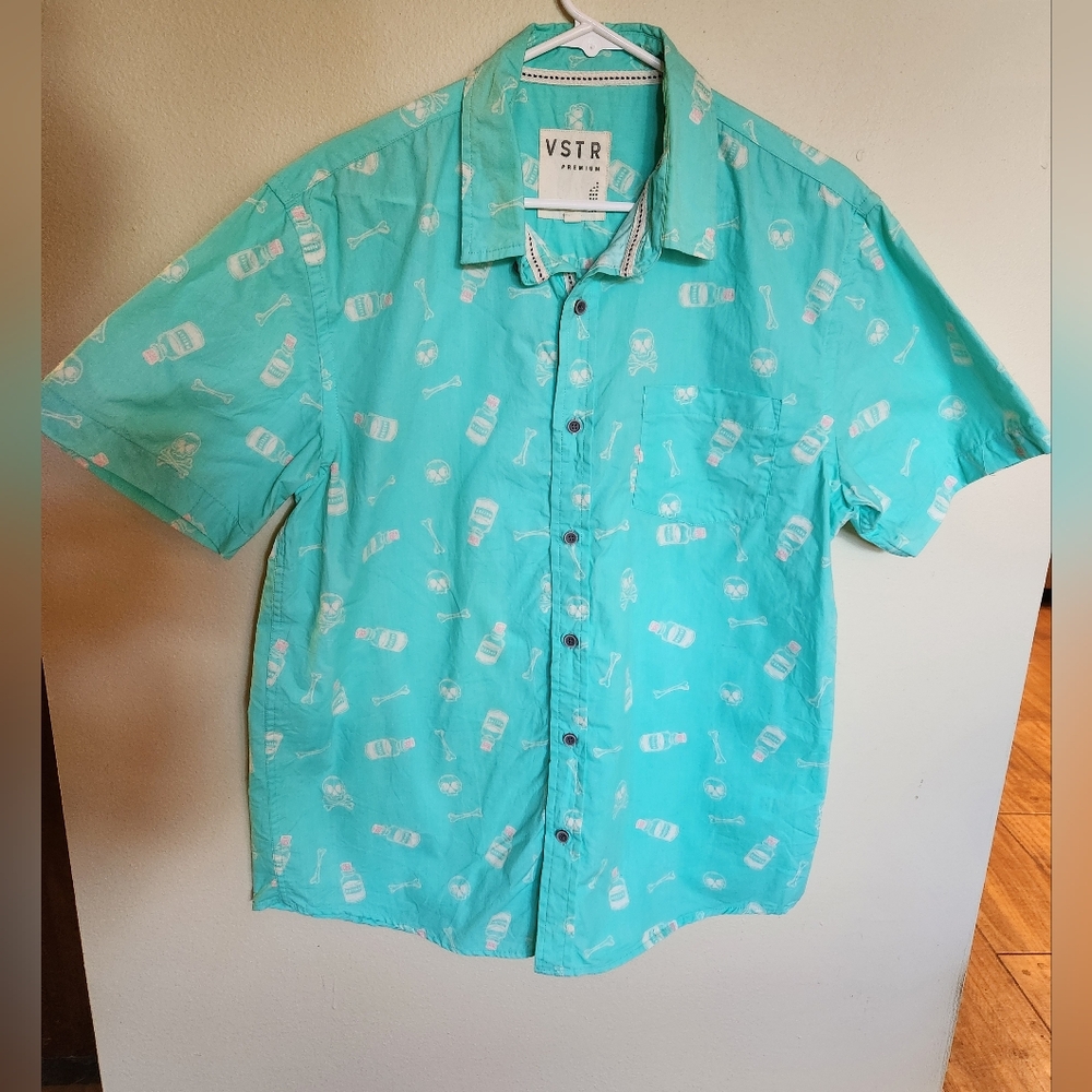 ​VSTR Premium Poison Skull Bones Button Down Shirt Men's Large Aqua Hawaiian Cam